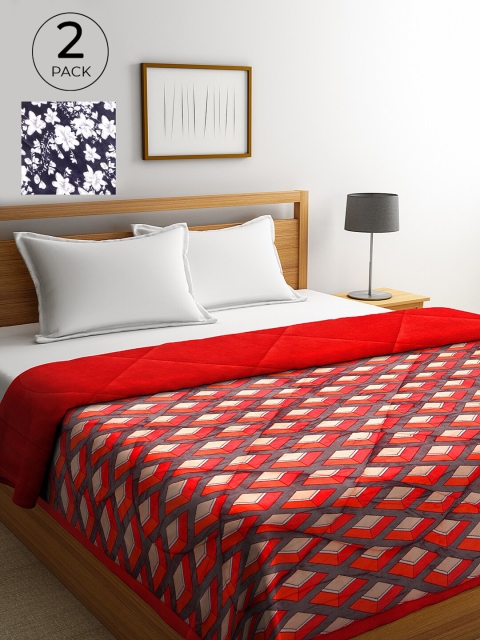 

KLOTTHE Red & Purple Set of 2 Geometric Heavy Winter Double Bed Quilt