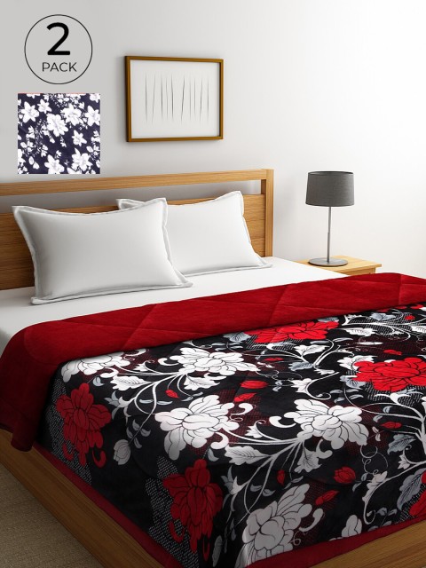 

KLOTTHE Set Of 2 Red & Blue Floral Heavy Winter 800 GSM Fur Double Bed Quilt