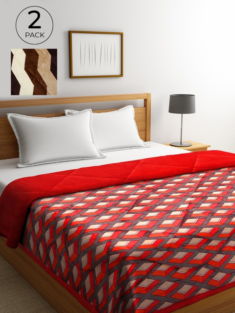

KLOTTHE Red & Brown Set of 2 Geometric Heavy Winter Double Bed Quilt