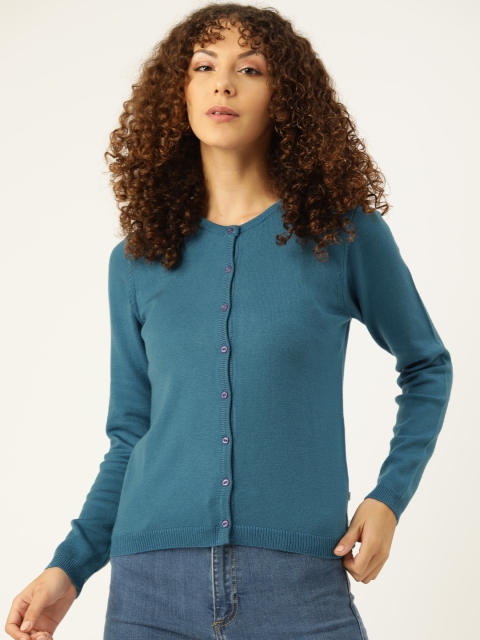 

Madame Women Round Neck Knitted Cardigan, Blue