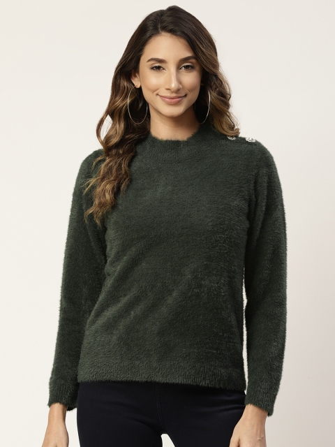 

Madame Women Green Solid Fuzzy Pullover Sweater