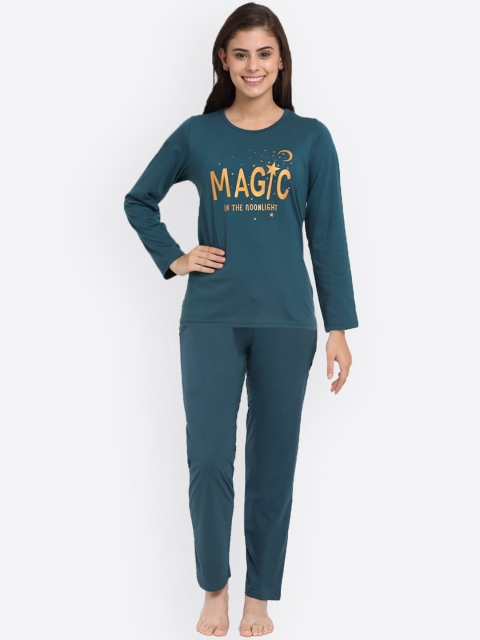 

Kanvin Women Teal & Yellow Pure Cotton Printed Night suit