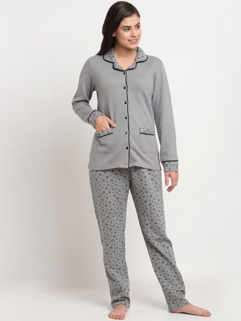 

Kanvin Women Grey & Black Printed Quilted Winter Wear Night suit