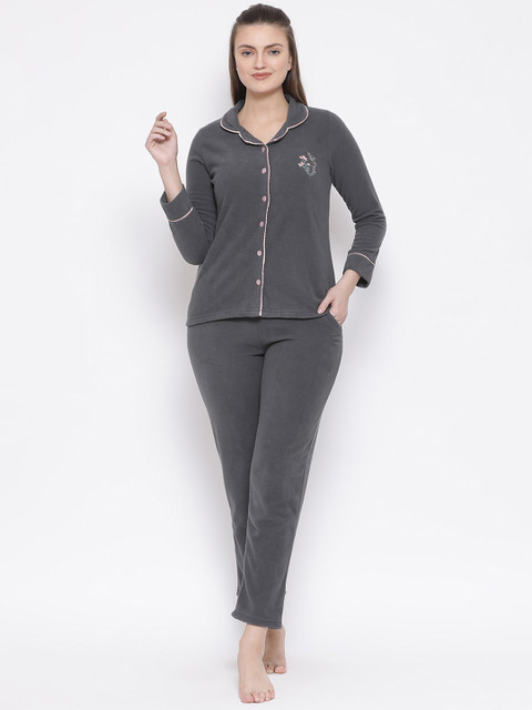 

Kanvin Women Charcoal & Pink Pollar Fleece Winter Wear Night suit