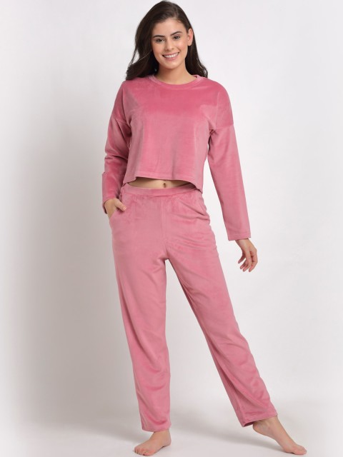 

Kanvin Women Pink Velour Winter Wear Night suit
