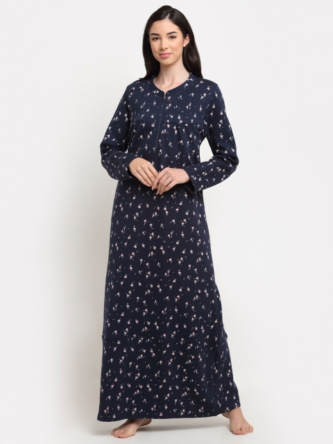 

Kanvin Navy Printed Winter Wear Quilted Maxi Nightdress, Navy blue