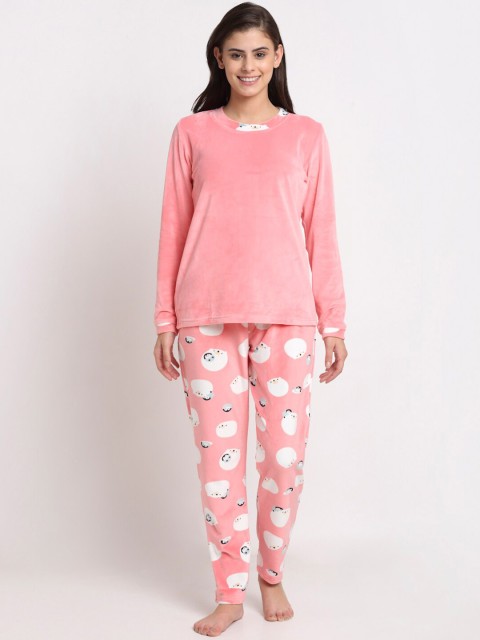 

Kanvin Women Peach Velour Winter Wear Night suit