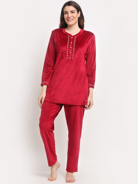 

Kanvin Women Maroon Velour Winter Wear Night suit