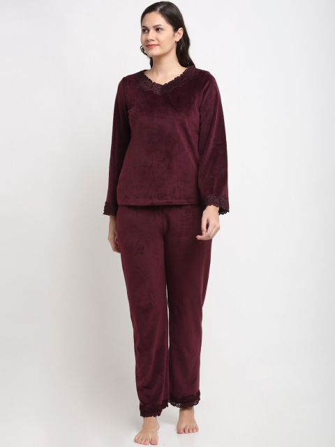 

Kanvin Women Maroon Velour Winter Wear Night suit