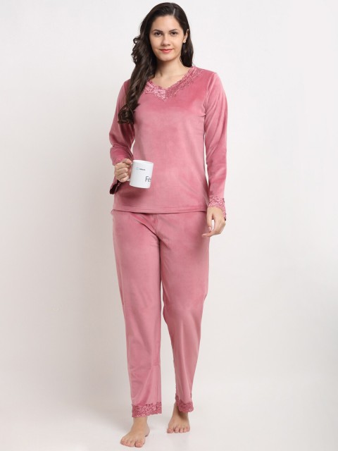 

Kanvin Women Pink Velour Winter Wear Night suit