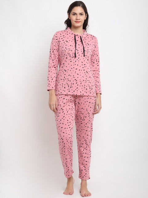 

Kanvin Women Pink & Black Printed Fleece Winter Night suit