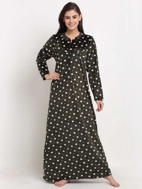 

Kanvin Olive Green & White Velour Winter Wear Printed Maxi Nightdress