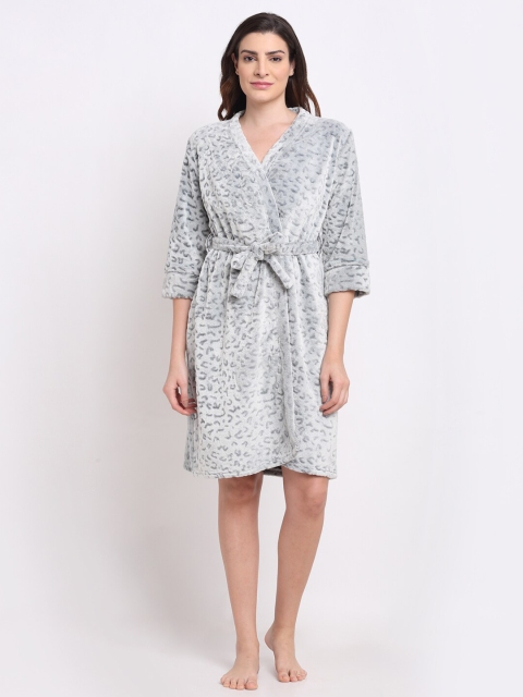 

Kanvin Grey Faux Fur Winter Wear Printed Bath Robe