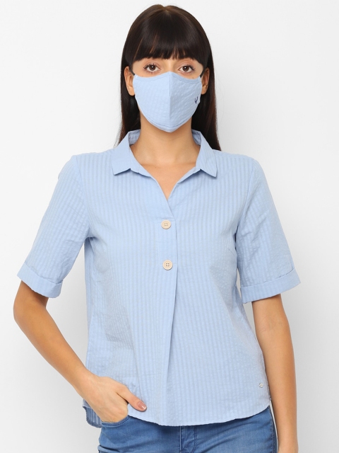 

Allen Solly Woman Blue Pure Cotton Shirt Style Top With Cloth Mask