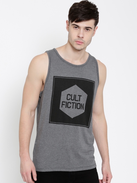 

CULT FICTION Men Grey Melange Comfort Fit Printed Round Neck Sleeveless T-shirt