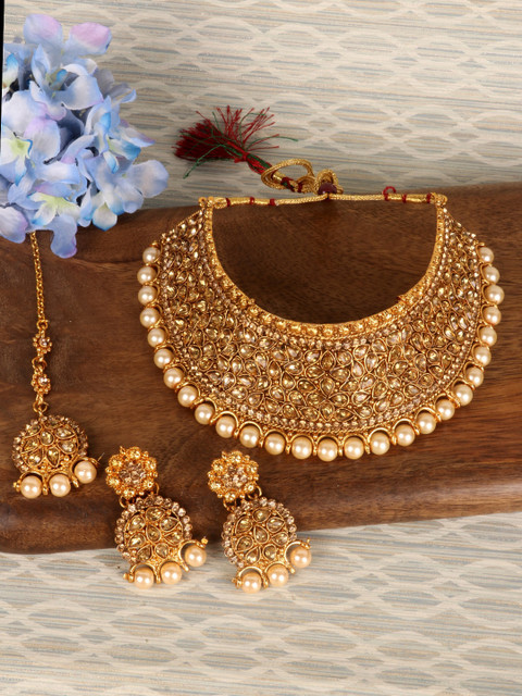 

PENNY JEWELS Gold-Toned Stone Studded Choker Set with Maangtika
