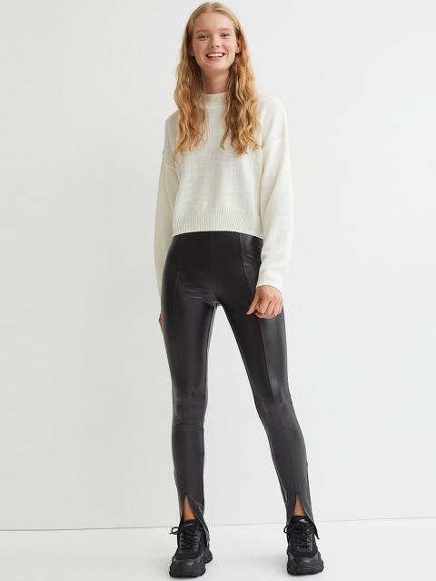 

H&M Women Black Imitation Leather Slit-detail leggings