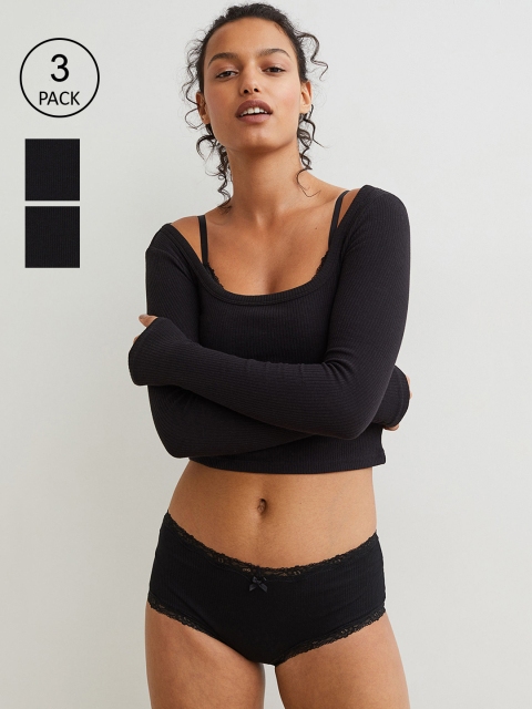 

H&M Women Pack Of 3 Black Ribbed Cotton Shortie Briefs