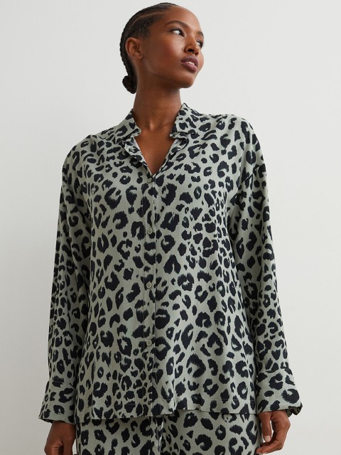 

H&M Women Green & Black Patterned Viscose Shirt