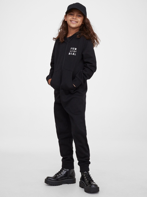 

H&M Girls Black Printed sweatshirt all-in-one suit