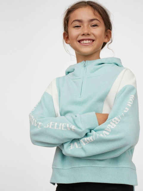 

H&M Girls Turquoise Printed Hooded Sweatshirt, Turquoise blue