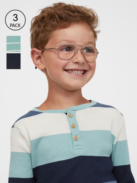 

H&M Boys 3-Pack Ribbed Pure Cotton Henley Tops, Turquoise blue