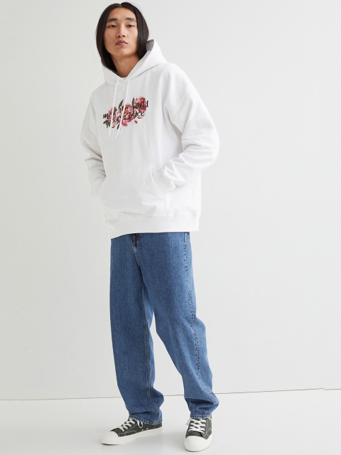 

H&M Men White And Coral Printed Relaxed Fit Pure Cotton Hooded Sweatshirt