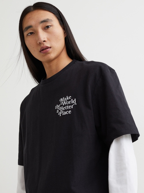 

H&M Men Black & White Relaxed Fit Cotton T-shirt