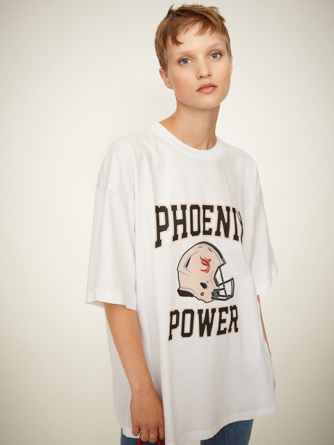 

H&M Women White & Black Pure Cotton Print-Motif T-shirt