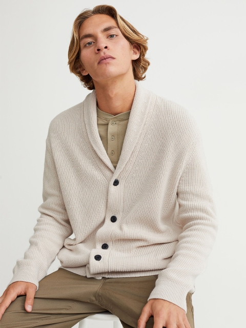 

H&M Men Beige Shawl-Collar Pure Cotton Cardigan