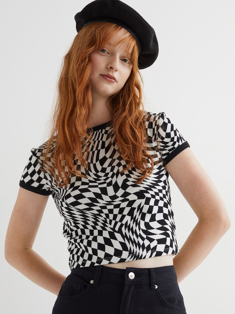 

H&M Women Black & White Printed Short Printed Top