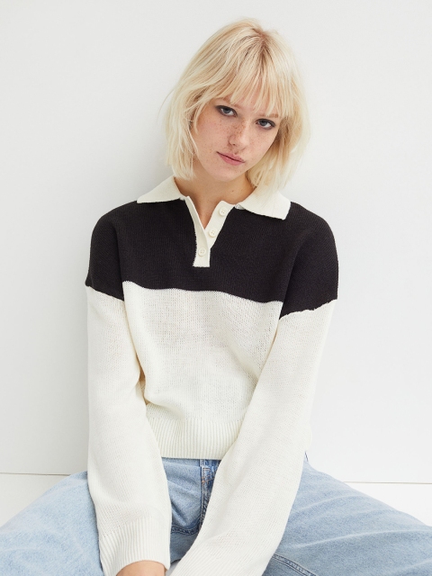 

H&M Women White & Black Colored Collared Jumper
