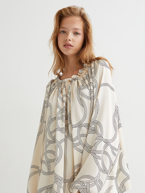 

H&M White & Grey Abstract Printed Balloon-Sleeved Blouse