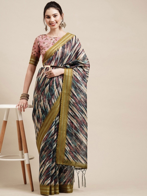 

Saree mall Navy Blue & Green Linen Blend Sarees