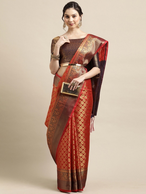 

Saree mall Red & Black Woven Design Zari Silk Blend Banarasi Sarees