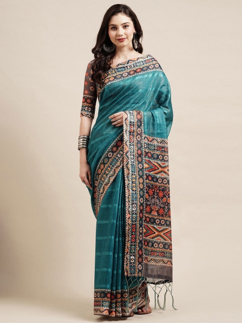

Saree mall Teal & Orange Striped Linen Blend Sarees