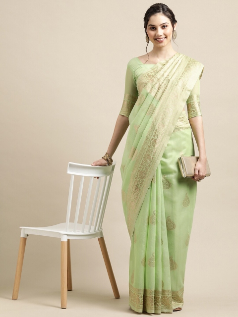 

Saree mall Green & Gold-Toned Woven Design Zari Silk Blend Banarasi Sarees