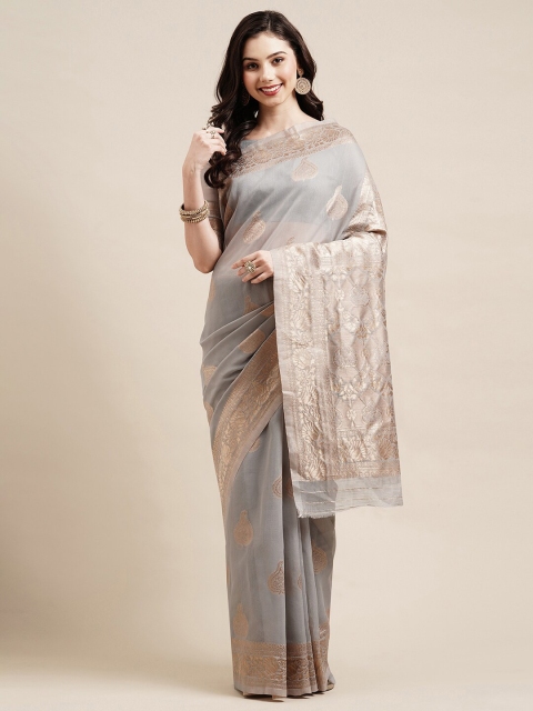 

Saree mall Grey & Gold-Toned Ethnic Motifs Zari Silk Blend Banarasi Sarees