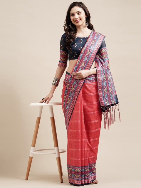 

Saree mall Pink & Blue Striped Linen Blend Sarees