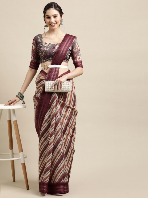 

Saree mall Cream-Coloured & Maroon Striped Zari Linen Blend Sarees