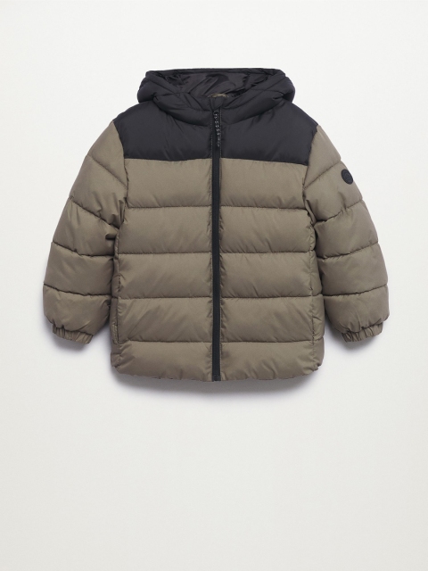 

Mango Kids Boys Olive Green & Black Colourblocked Hooded Padded Jacket