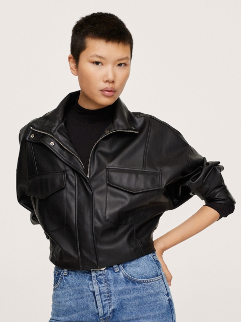 

MANGO Women Black Solid Biker Jacket