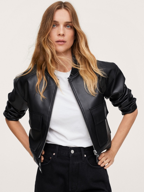 

MANGO Women Black Leather Jacket