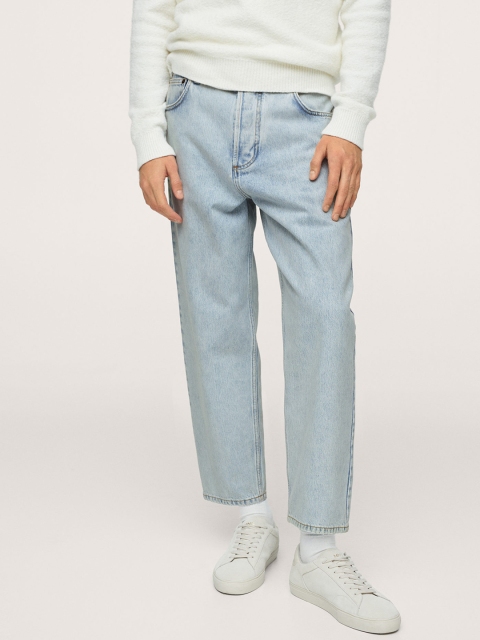 

MANGO MAN Blue Cotton Loose Tapered Fit Cropped Jeans