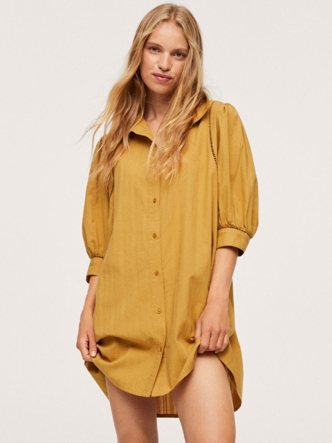 

MANGO Mustard Yellow Pure Cotton Self-Striped Shirt Dress