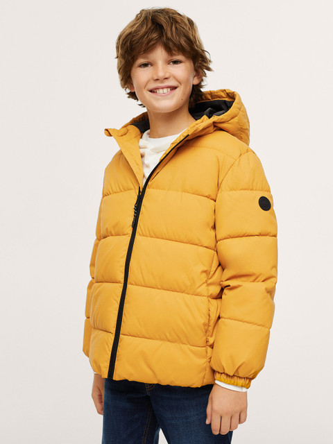 

Mango Kids Boys Mustard Yellow Solid Hooded Padded Jacket