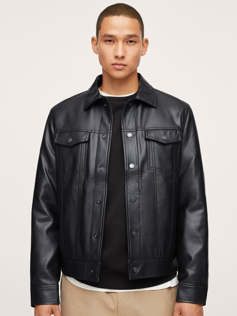 

MANGO MAN Men Black Solid Faux-Leather Biker Jacket