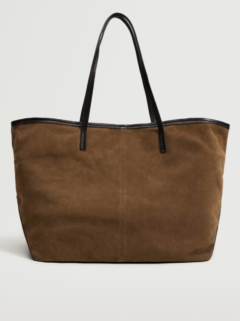 

MANGO Olive Brown Solid Leather Structured Tote Bag