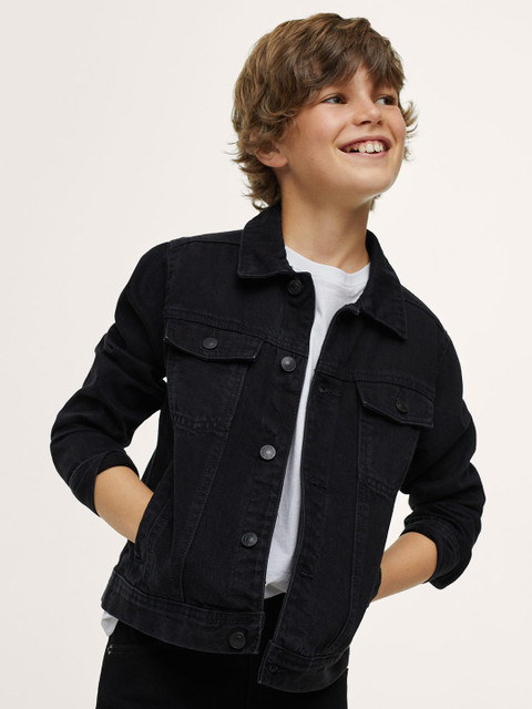 

Mango Kids Boys Black Solid Pure Cotton Denim Jacket