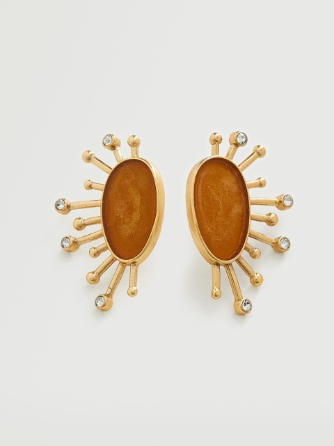 

MANGO Gold-Toned & Orange Enamelled Stone-Studded Contemporary Oversized Studs